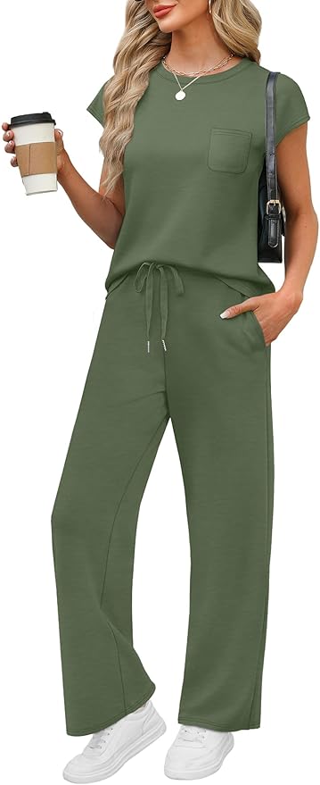 WIHOLL 2 Piece Sets for Women Casual Summer Travel Vacation Outfits Cap Sleeve Lounge Set