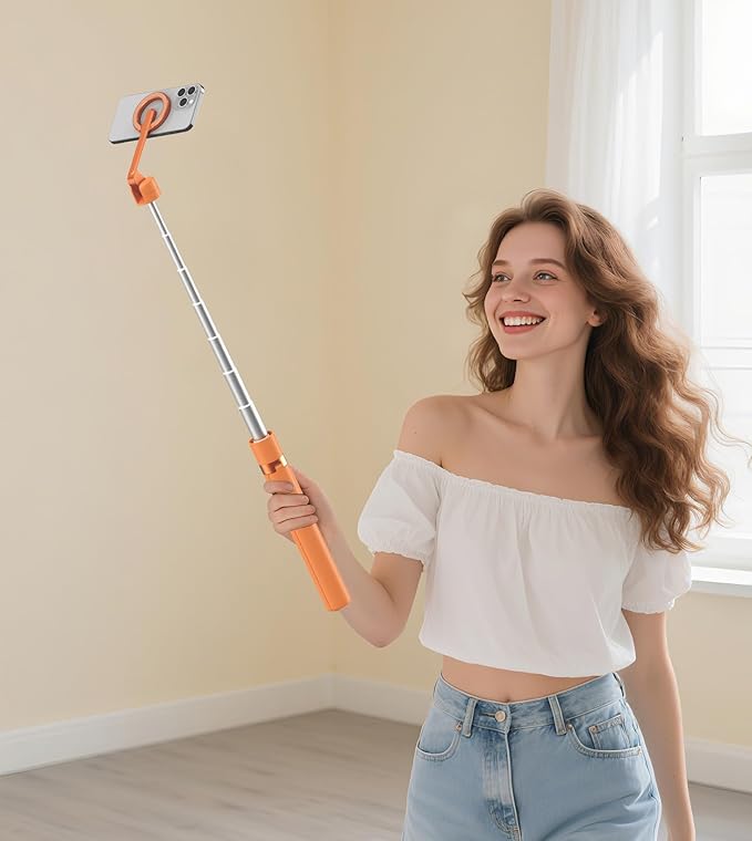 TONEOF 68" Magnetic Selfie Stick Tripod with Aluminum Strong Magnetic Holder for Magsafe, 360° Rotatable Travel Phone Tripod Stand with Metal Ring & Rechargeable Remote for iPhone/Android（Orange）