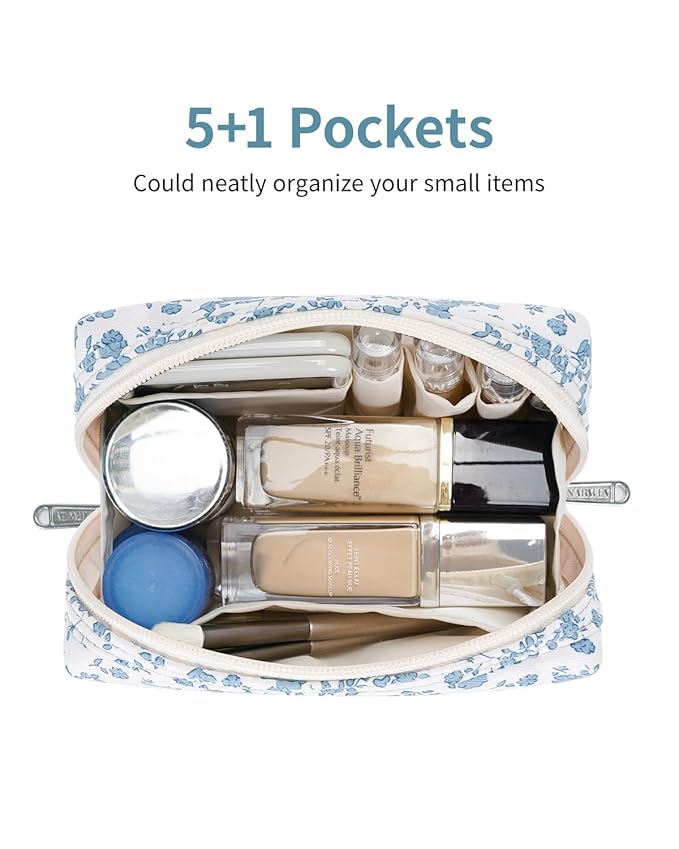Narwey Small Cute Floral Makeup Bag for Purse Mini Cosmetic Bag Travel Makeup Pouch Zipper Pouch Cute Make up Bags with Compartments for Women Girls (Blue Flower, Small)