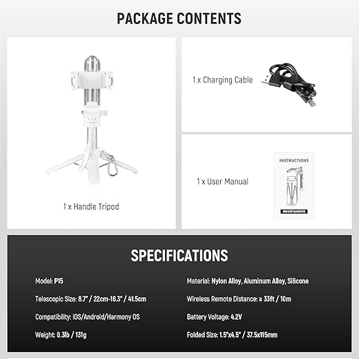 NEEWER Selfie Stick with Detachable Bluetooth Remote Shutter, Lightweight Foldable Travel Tripod for iPhone for YouTube/TikTok Vlogs Live Streaming Photography, White, P15