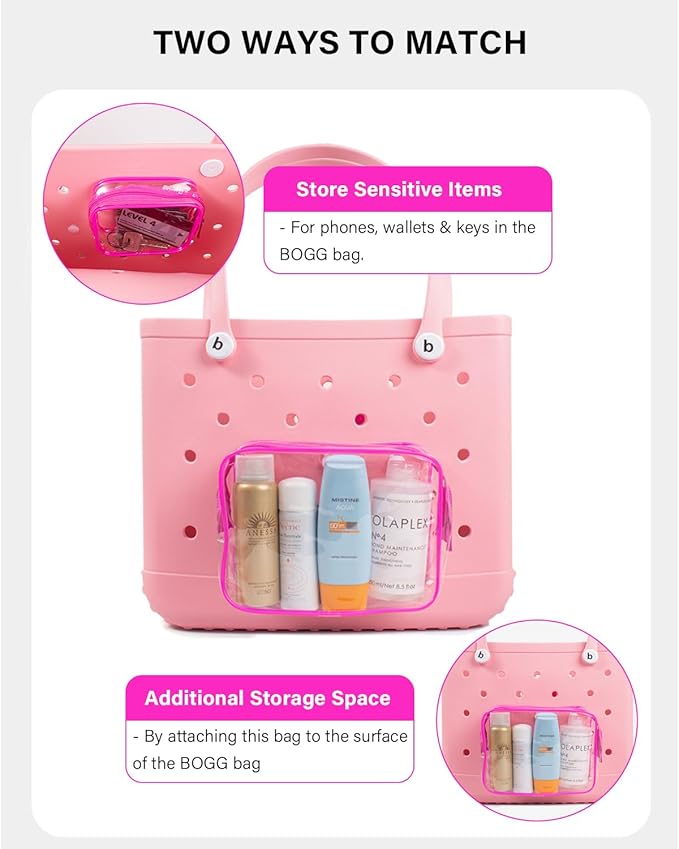4 Pack Clear Toiletry Bags, Portable Travel Makeup Pouch with Zipper, TSA Approved Organizer, Clear Pouch Bags Compatible With Bogg Bag Divider Accessories(Hot Pink)