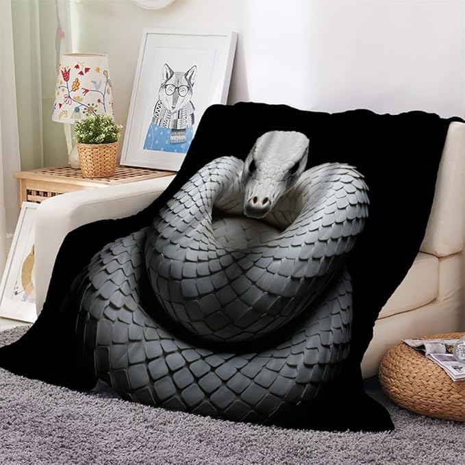 Snake Throw Blanket, Fleece Blanket for Couch Bed Sofa, 3D Coiled Snake Blankets and Throws, White Reptile Super Soft Cozy Plush Flannel Blanket, 50 x 70 in, Animal Black