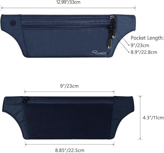 Ryaco Money Belt, Slim Passport Holder RFID Blocking Hidden Wallet Travel Essentials Pouch for Women Men With Adjustable Strap Waist Bag to Protect Cash, Credit Cards and Documents