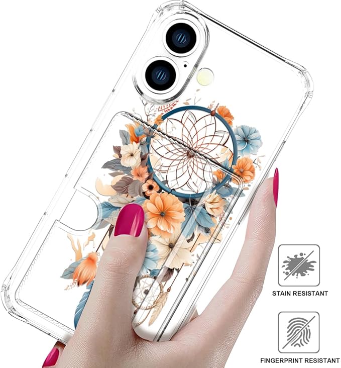 Compatible with iPhone 17 Case Card Holder for Women Cute Design,Wallet Phone Cases Transparent Cool Kawaii Protective (Clear Dreamcatcher Dream Cather)