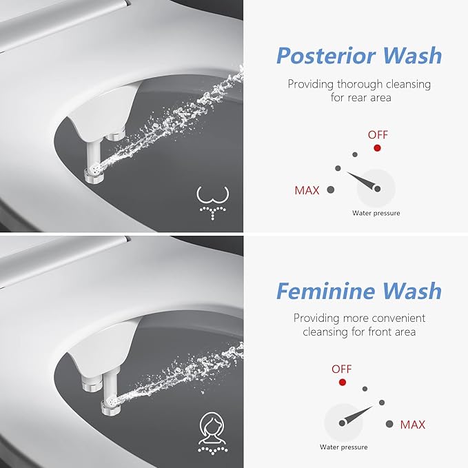 Bidet Attachment for Toilet, Ultra-Slim, Non Electric Dual Nozzle, Fresh Cold Water Spray Sprayer, Bidets Existing Toilets Seat, Baday Beday Badette Bedette, Feminine Rear Wash, Silver White