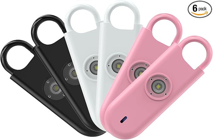 Fauxomor 140dB Personal Safety Alarm for Women, 6 Pack Safe Alarm Protection Keychain with Strobe Light & Low Battery Notice, Security Siren Self Defense for Seniors College Girls, White+Pink+Black