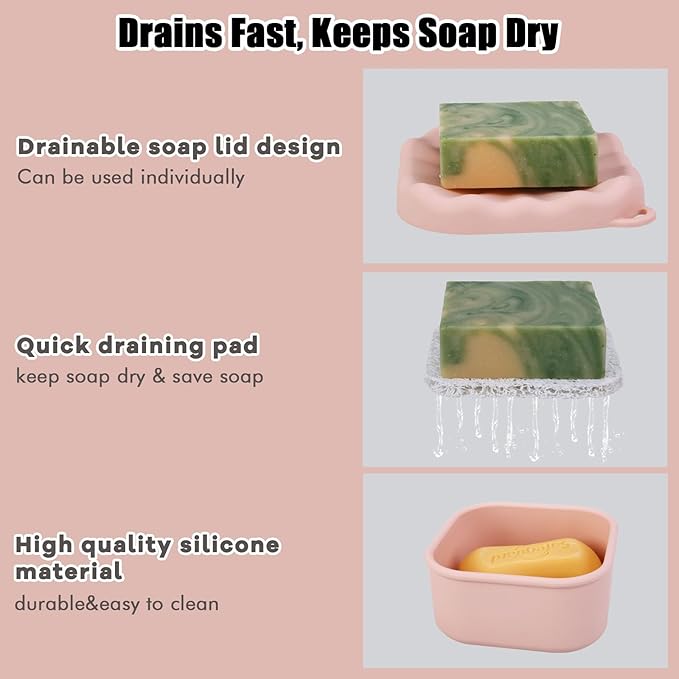 Travel Soap Case, Leakproof Soap Box Container, Square Shampoo Bar Case with Draining Layer, Slip-Resistant Portable Bar Soap Holder for Travel, Camp, Gym (Peach Pink)