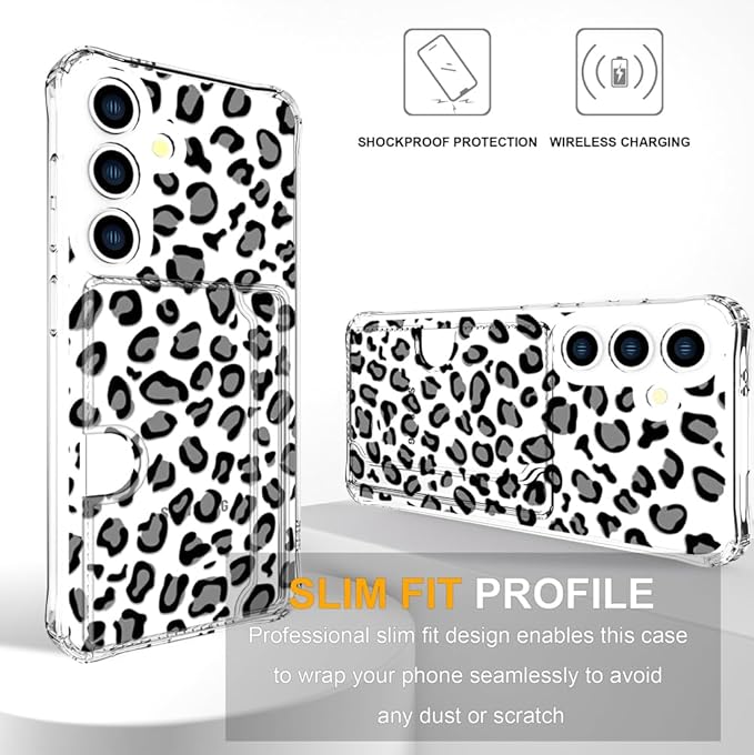 Compatible with Samsung Galaxy S24+ Plus / S25+ Plus Case Card Holder for Women Cute Design,Wallet Phone Cases Transparent Cool Kawaii Protective (Clear Leopard Cheetah Design)