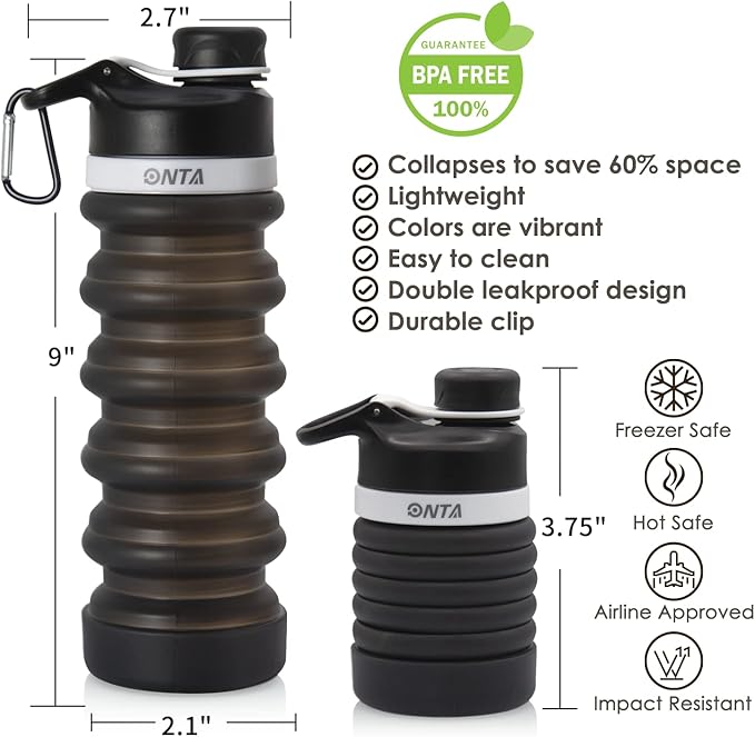ONTA Collapsible BPA Free Silicone Water Bottle, 20oz - Portable, Leakproof, Easy Clean, Shatter Resistant, Travel Friendly