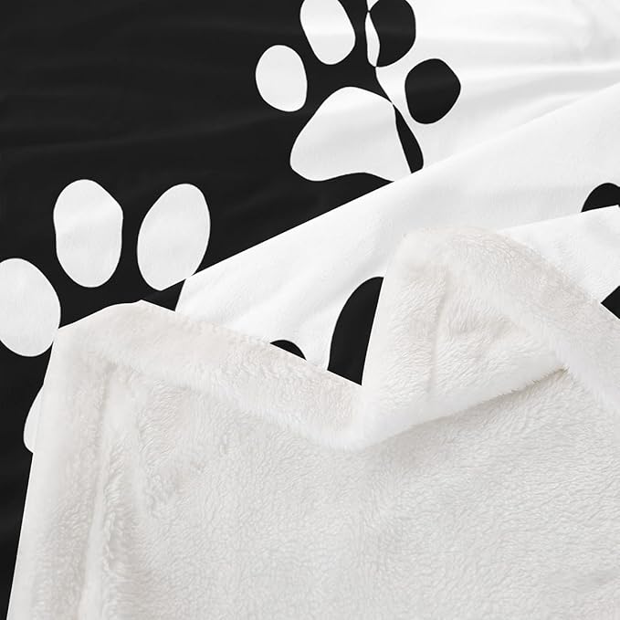 Dog Paws Print Kids Throw Blanket, Cute Animals Pets Geometric Waves Patchwork Fleece for Girls Boys Adults, Black White Fuzzy, 50 x 60 Inches
