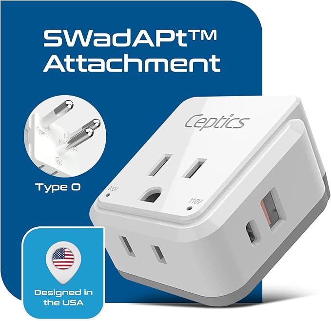 Ceptics Thailand Travel Adapter Set, 20W PD & QC, Type O - 3.1A - 4 in 1-2 USA Inputs, 1 USB Port, 1 USB-C Port - Compact, Powerful - Includes Type O Swadapt Attachments