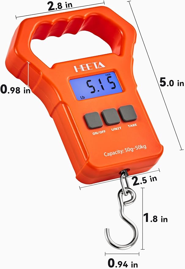 HEETA Fish Scale, 110lb/50kg Digital Portable Hanging Fishing Weight Scale with Backlit LCD Display, Luggage Scale with Hook, Non-Slip Large ABS Handle & 2 AAA Batteries, Fishing Gifts Gear for Men