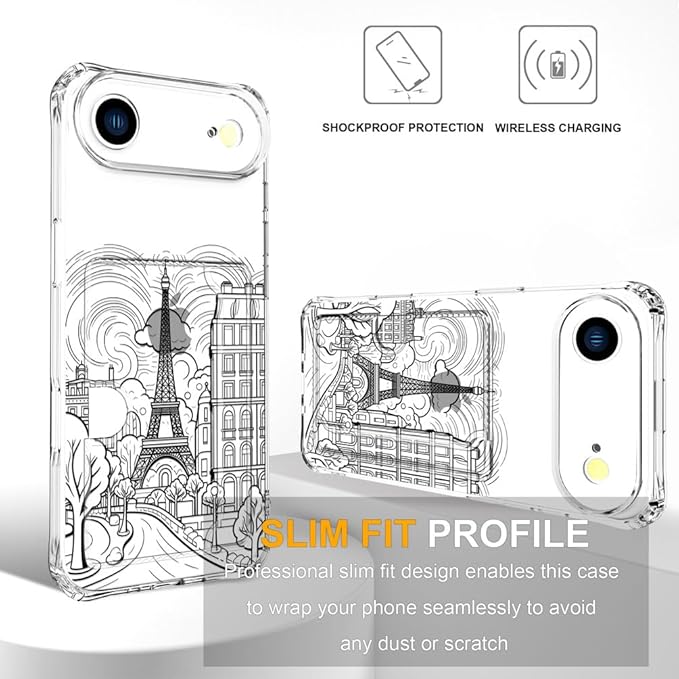 Compatible with iPhone 17 Air Case Card Holder for Women Cute Design,Wallet Phone Cases Transparent Cool Kawaii Protective (Clear Paris City Eiffel Tower)