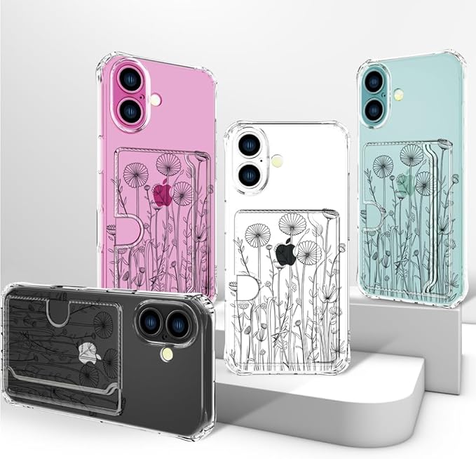 Compatible with iPhone 17 Case Card Holder for Women Cute Design,Wallet Phone Cases Transparent Cool Kawaii Protective (Clear Black Flower Bouquet)