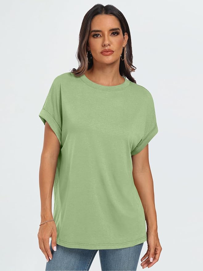 AUTOMET Women's Oversized Short Sleeve T Shirts Casual Drop Shoulder Rolled Cuff Summer Tops for Work, Travel and Lounge