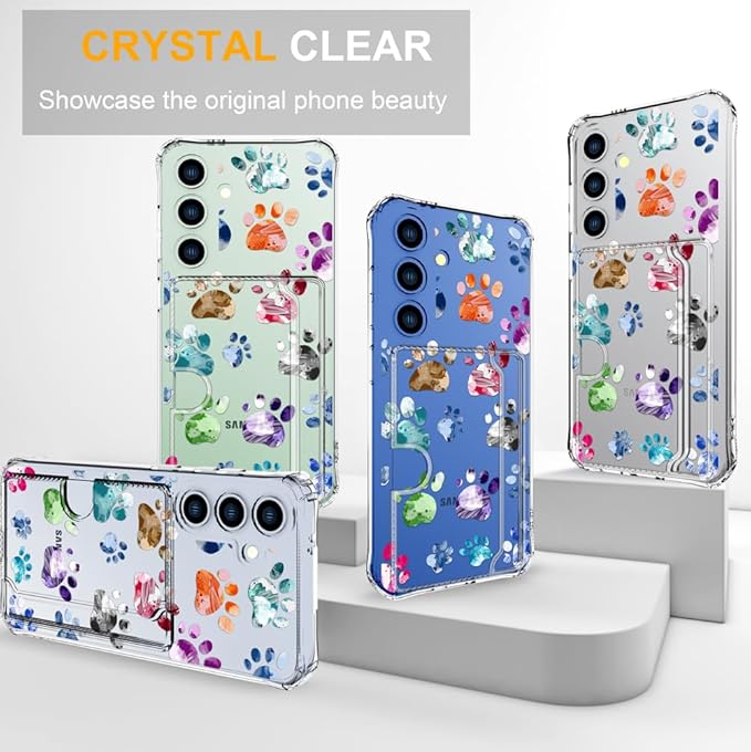 Compatible with Samsung Galaxy S24+ Plus / S25+ Plus Case Card Holder for Women Cute Design,Wallet Phone Cases Transparent Cool Kawaii Protective (Clear Lovely Dogs Paws)