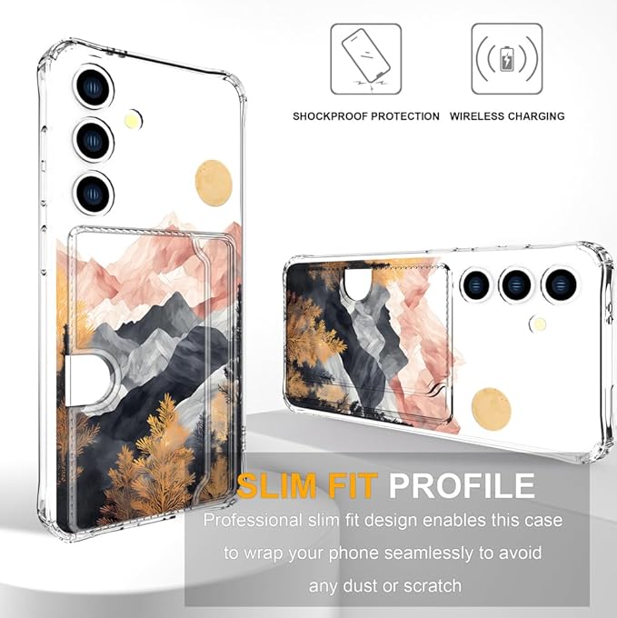 Compatible with Samsung Galaxy S24 / S25 Case Card Holder for Women Cute Design,Wallet Phone Cases Transparent Cool Kawaii Protective (Clear Mountain Hill Landscape)