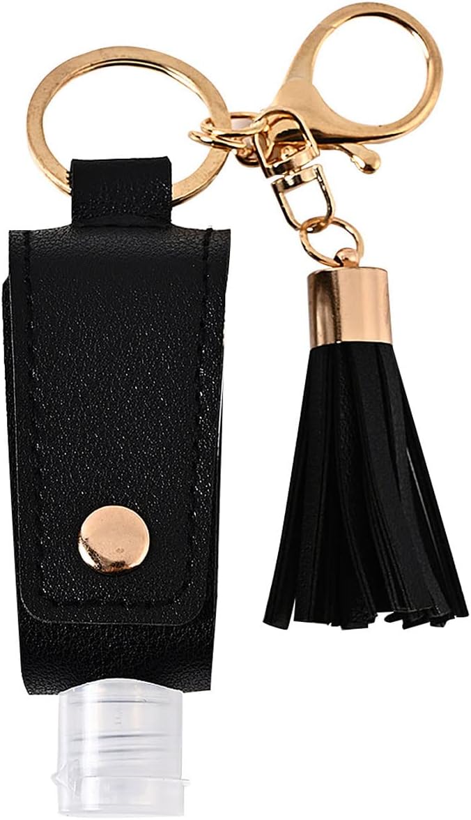 HSYHERE Multifunction Portable Empty Travel Bottle Keychain Hand Sanitizer Bottle Keychain, PU Leather Tassel Key Chains Car Key Ring +Refillable Containers for Toiletry Shampoo Lotion Soap -Black
