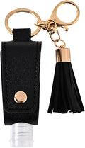 HSYHERE Multifunction Portable Empty Travel Bottle Keychain Hand Sanitizer Bottle Keychain, PU Leather Tassel Key Chains Car Key Ring +Refillable Containers for Toiletry Shampoo Lotion Soap -Black