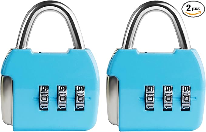 Small Combination Padlock, 3 Digit Combination Zipper Lock, Travel Safe Code Lock, Mini Combo Suitcase Locks for Luggage, Backpack, Bag, Box, Diary, Locker (Blue+Blue, 2-Pack)