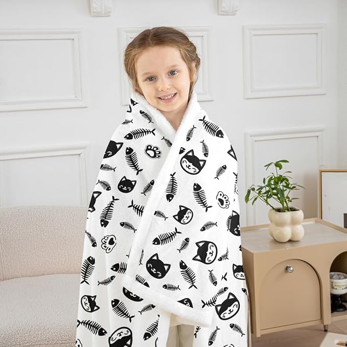 Cute Cats Kids Throw Blanket,Cartoon Cats Pets Paws Print Bed Blanket for Girls Boys Adults,Lovely Animals Kawaii Fleece Blanket,Black White Fuzzy Blanket,40 x 50 Inches
