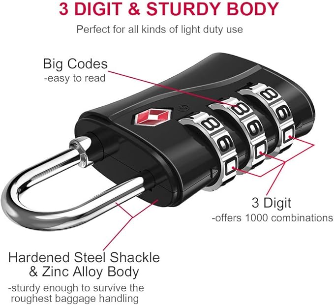 ZHEGE Luggage Lock TSA Approved, Small TSA Lock for Travel Suitcase, Backpack, Laptop Bag and Handbag - Easy to Set with Alloy Body (Black, 1 Pack)