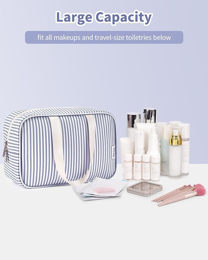 Full Size Toiletry Bag Women Large Cosmetic Bag Travel Makeup Bag Organizer Medicine Bag for Toiletries Essentials Accessories (Greyish Blue Stripe, Large)