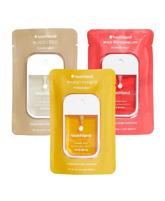 Touchland Hydrating Hand Sanitizer Spray – Tropical Trio Set (Mango Passion, Beach Coco, Wild Watermelon) – 3 x 1 FL OZ Travel Size Mists