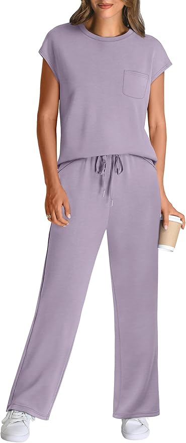 WIHOLL 2 Piece Sets for Women Casual Summer Travel Vacation Outfits Cap Sleeve Lounge Set
