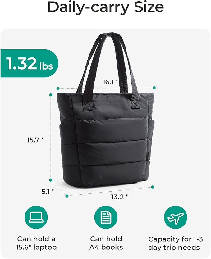 BAGSMART Tote Bag for Women, Lightweight Puffy Tote Bag with Compartments Shoulder Bag Handbag for Travel, Work, Gym | Lightweight, Puffy, Quilted, for Travel, Work