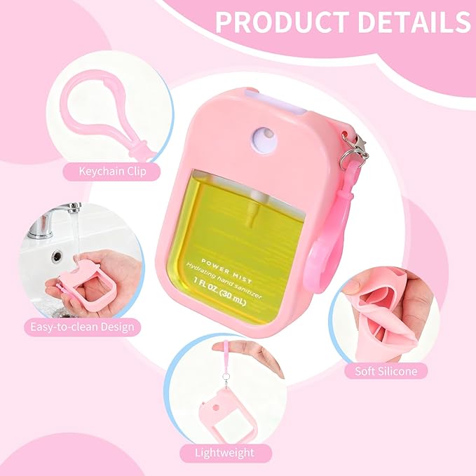 2 Pack Silicone Case Compatible with Wish Hand Sanitizer Spray, Hand Sanitizer Case Holder, Soft Silicone Protective Cases with Keychain, Protect Spray from Drops and Scratches (White and Pink)