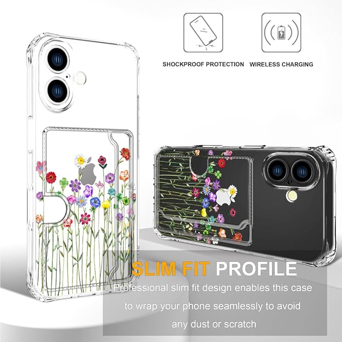 Compatible with iPhone 17 Case Card Holder for Women Cute Design,Wallet Phone Cases Transparent Cool Kawaii Protective (Clear Flower Floral Bouquet)