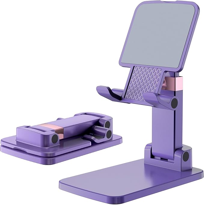 Phone Stand for Desk, Cell Phone Holder Adjustable Cellphone Tablet Stand for Desk Height Angle Adjustable Compact Design for iPhone iPad Android Devices Under 12" (Purple, 1Pack)