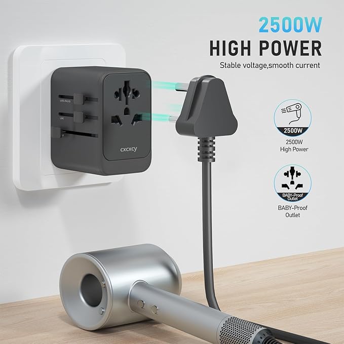 45W GaN Universal Travel Adapter | 5 Port International Power Adapter with 2 USB-C PD 3.0, 2 USB-A QC 3.0 & AC Outlet | Worldwide Travel Plug for US, EU, UK, AU & Most Countries