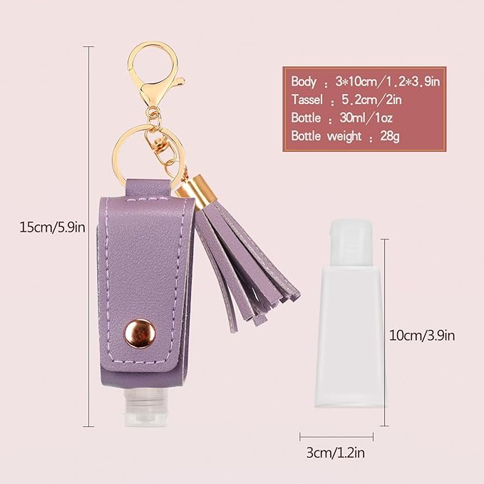 Unaone 1oz/30ml Hand Sanitizer Holder Travel Size, Empty Bottle Leather Sanitizer Holder with Keychain Portable Small Squeeze Bottle Refillable Container for Toiletry Lotion Liquid Soap Shampoo Purple