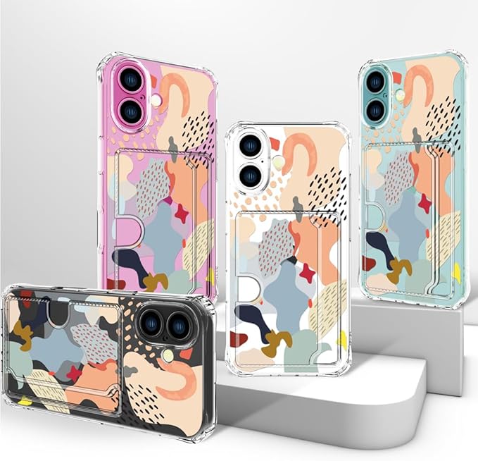 Compatible with iPhone 16 Case Card Holder for Women Cute Design,Wallet Phone Cases Transparent Cool Kawaii Protective (Clear Abstract Art)