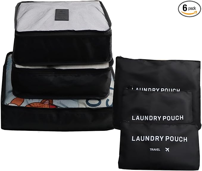 6 Pack Travel Organizer with Laundry Pouch, Electronics & Compression Storage Bags, Clothing & Underwear Pouch, Luggage Organizer for Backpack & Carry On Suitcase - Black