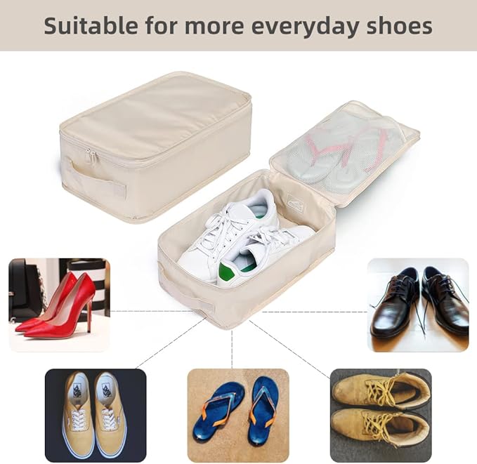 Travel Shoe Bags, Foldable Waterproof Shoe Pouches Organizer-Double Layer (2+2 Cream Shoe Bags)