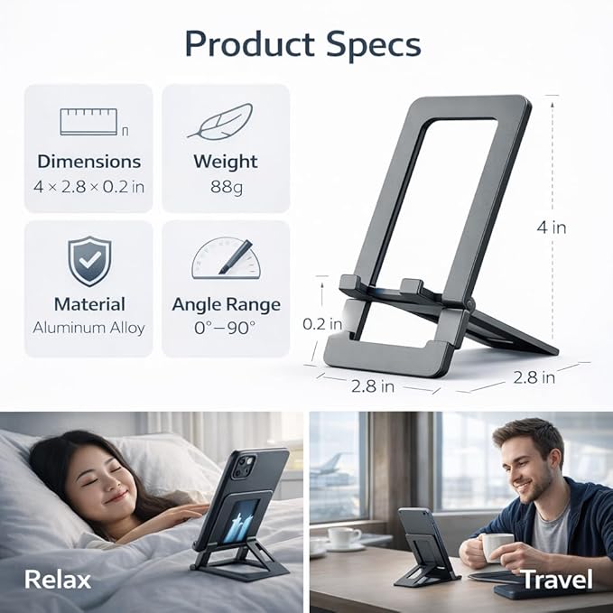 Mizi Aluminium Phone Stand for Desk, Foldable Adjustable Cell Phone Holder, Portable Travel & Office Accessory Compatible with iPhone 17 16 15 14 13 Pro Max, Samsung S25 S24 S23 Ultra, Kindle – Grey