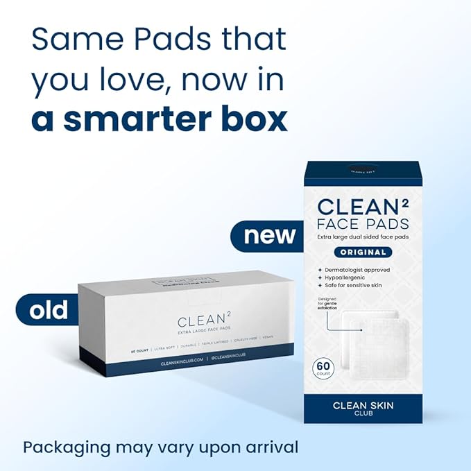 Clean Skin Club Clean² Pads 2.0 [NEW & Improved Edges] Guaranteed Not to Shed & Tear, Unique Triple Layers, Textured Side & Ultra Soft Side, Organic Disposable Cotton, Pair with Makeup Remover 2 Pack