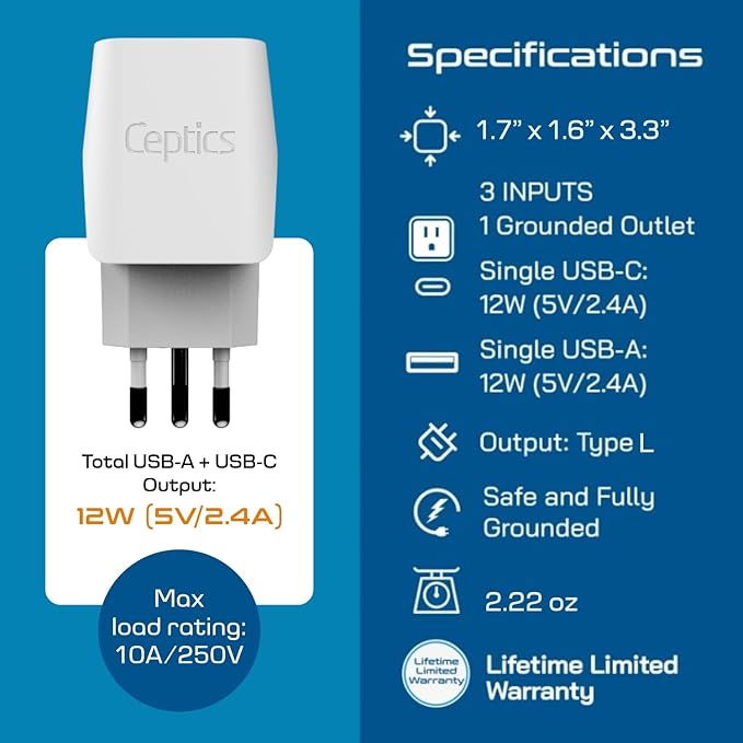 Ceptics Italy, Europe Travel Adapter Plug Set - 2 Pack - with 2 USB + USA Socket Input - Type L and Type C - Ultra Compact - Safe Grounded Perfect for Cell Phones, Laptops, Camera Chargers