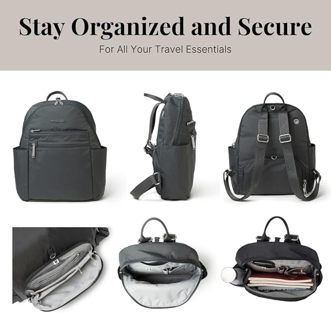 Baggallini Securtex® Anti-theft Vacation Travel Backpack 10x13 Slash-Resistant Nylon Daypack w/RFID, Charcoal