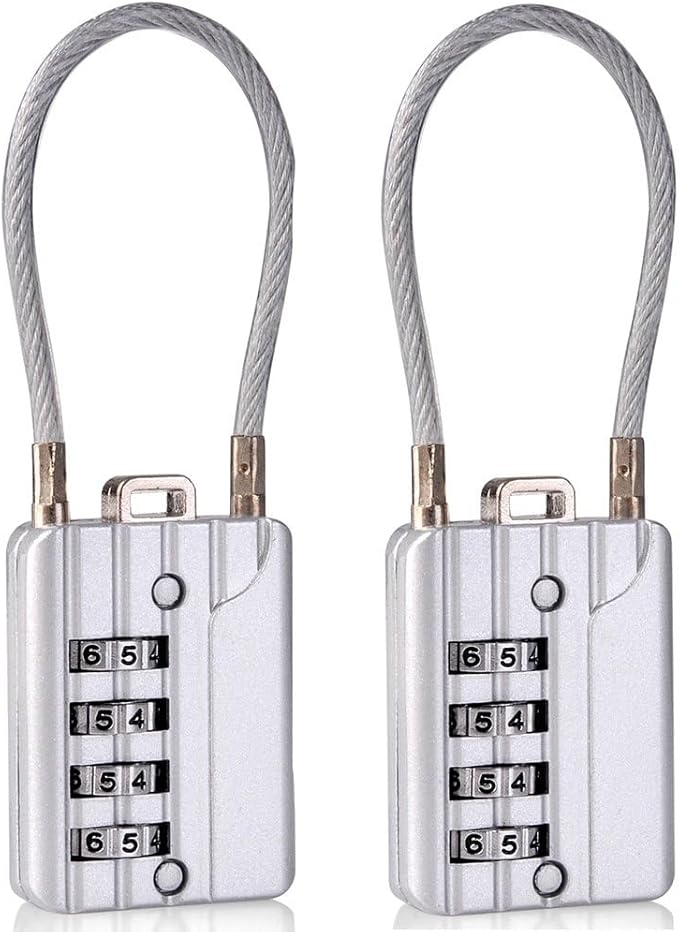 SEPOX Resettable Combination Travel Lock, 11mm 4 Digit Cable Lock for Suitcase, Travel Bag, and Gym Lockers, Filing Cabinets, Toolbox, Case—Silver Pack of 2