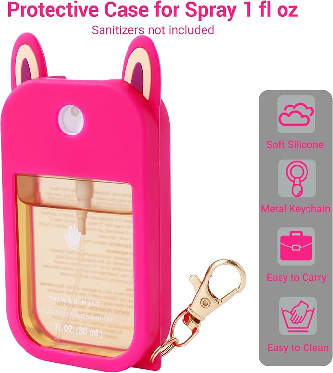 2 Pack Silicone Case for Touchland Hand Sanitizer Spray – Protective Soft Cover with Keychains for 1 FL OZ/30 mL(Rose&Purple)