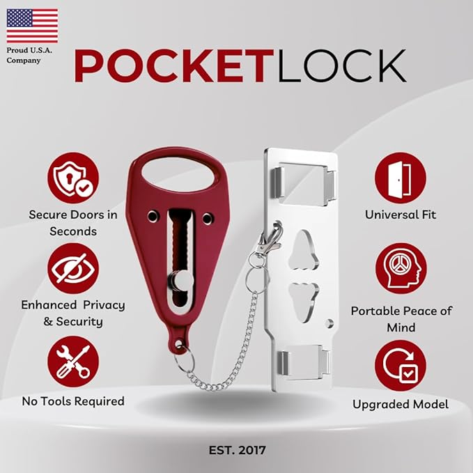 Portable Door Lock for Travel – Hotel Door Locks for Travelers Security – Door Safety Lock from Inside for Home & Apartment – Travel Locks for Hotel Rooms – (Red)