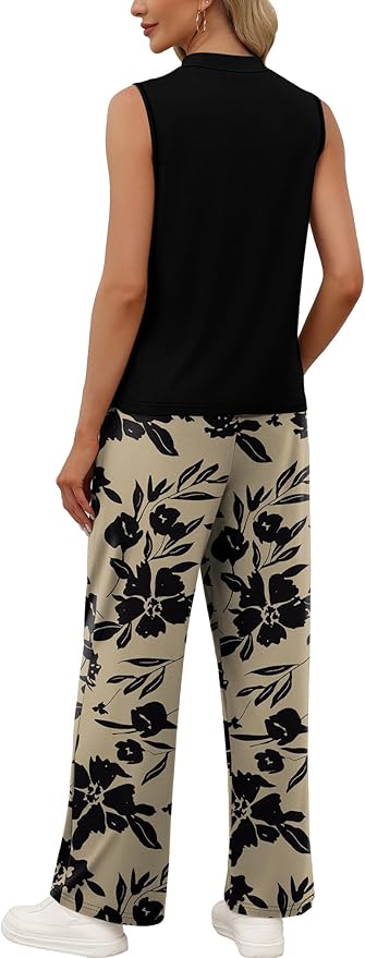 WIHOLL Two Piece Set for Women Summer Spring Outfits Cruise Travel Airport Beach Vacation Mock Neck Wide Leg Pants Set