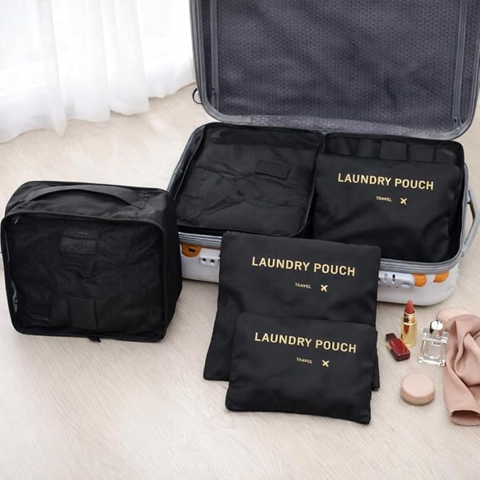6 Set Travel Packing Cubes for Luggage – Laundry Pouch Organizer Bags, Lightweight Storage Pouches for Clothes, Shoes, and Toiletries (black)