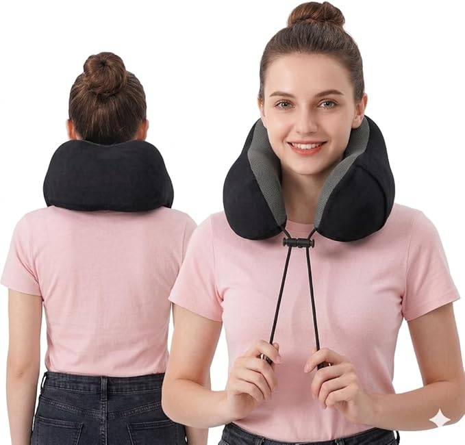 Airplane Travel Neck Pillow, 100% Memory Foam Ergonomic Neck Support, Airplanes Neck Pillow with Washable Cover Travel Essential for Flight & Office Include Eye Mask, Earplugs & Carry Bag (Black)
