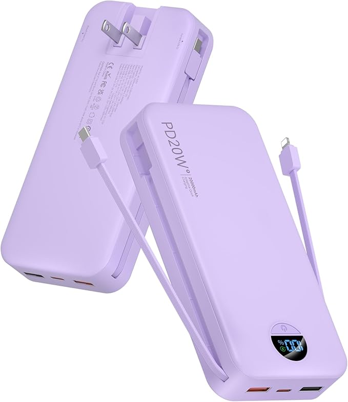 citicr Portable Charger Power Bank, 20000mAh PD20W USB C Fast Charging with Built-in Cables & Wall Plug, External Battery Pack with LED Display, Travel Essentials for iPhone, iPad, Samsung Purple