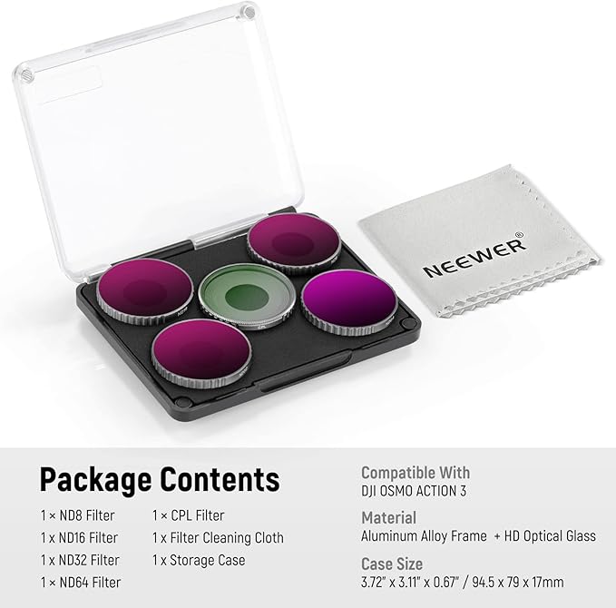 NEEWER 5PCS ND Filter Kit Compatible with DJI Osmo Action 3, CPL ND8 ND16 ND32 ND64 Neutral Density Filter HD Optical Glass Multi Layer Coated Aluminum Alloy Frame for Action Camera Accessories